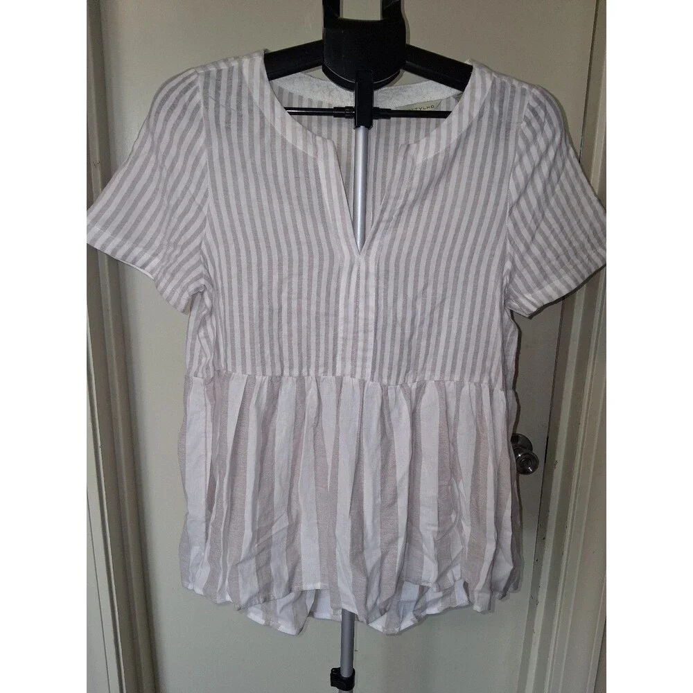 NEW! Women's 11.1 Tylho Anthropologie Striped Peplum Blouse w/ Button Back, S - Picture 3 of 12